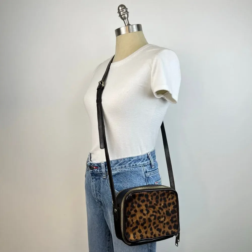 Patricia Nash Leopard Haircalf Rimini Double Zip Box Crossbody Bag